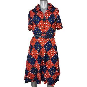 Vtg Dress Short Sleeve A-line Belted Dress Notch Collar Blue Red 1970’s Medium